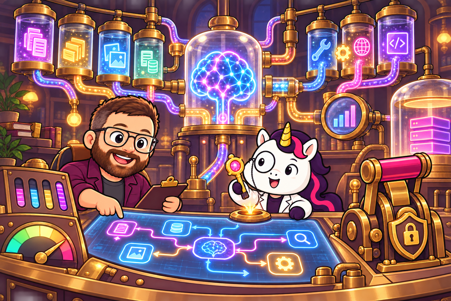 Bradley and Professor Unicorn operating an AI agent control room
