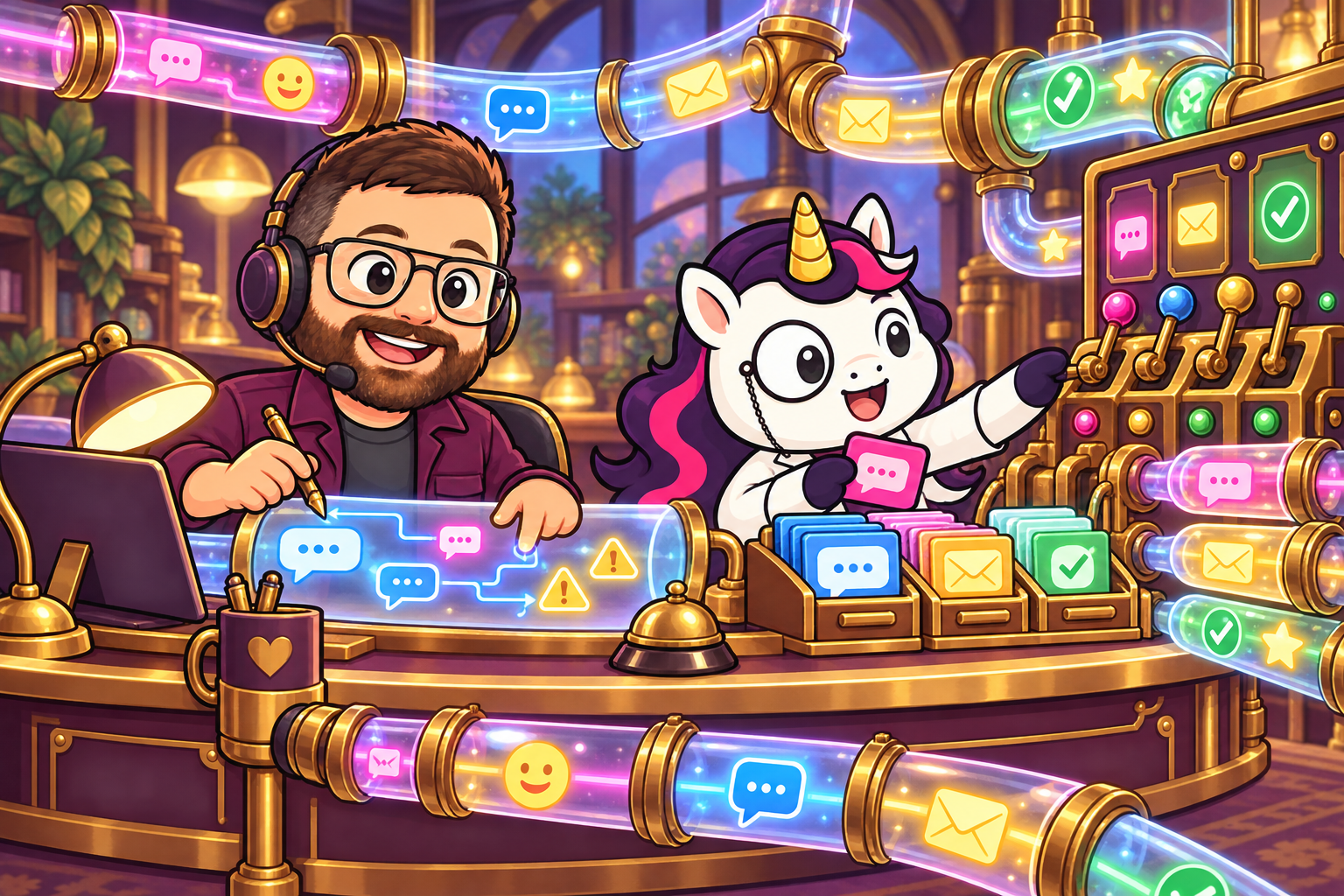 Bradley and Professor Unicorn operating a fantastical customer experience communications desk