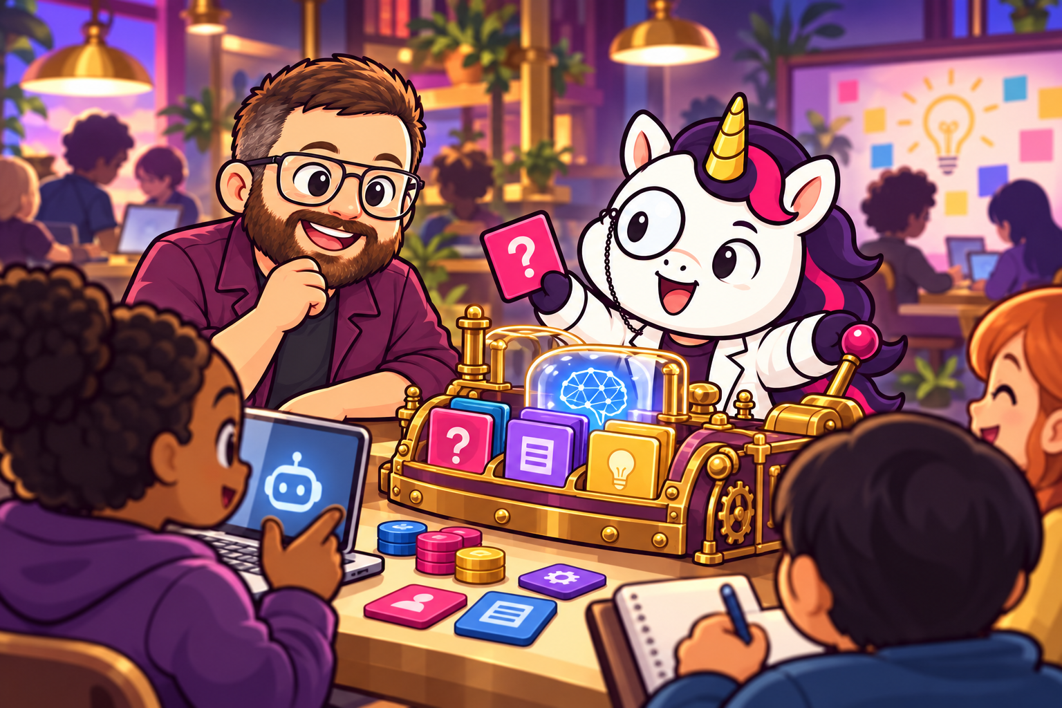 Bradley and Professor Unicorn facilitating a hands-on AI literacy workshop
