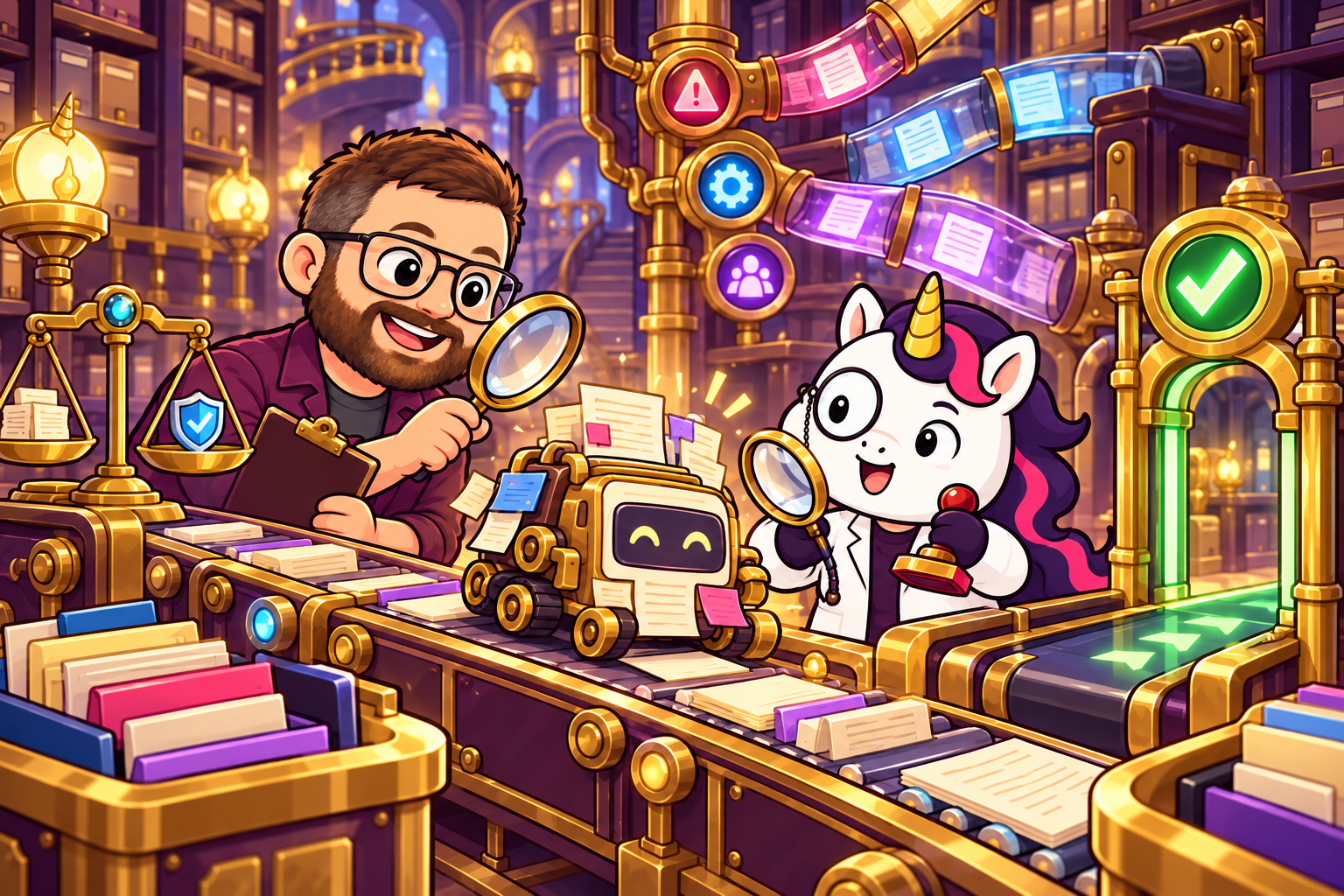 Bradley and Professor Unicorn inspecting an evidence and governance archive