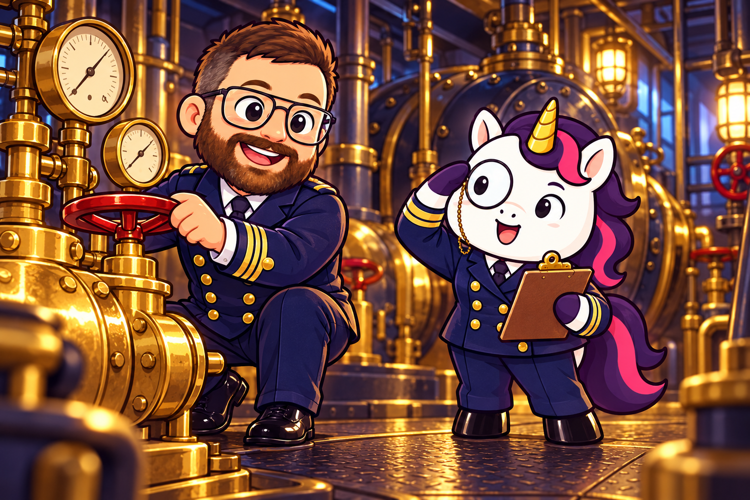 Bradley and Professor Unicorn in dress blues checking boiler-room machinery