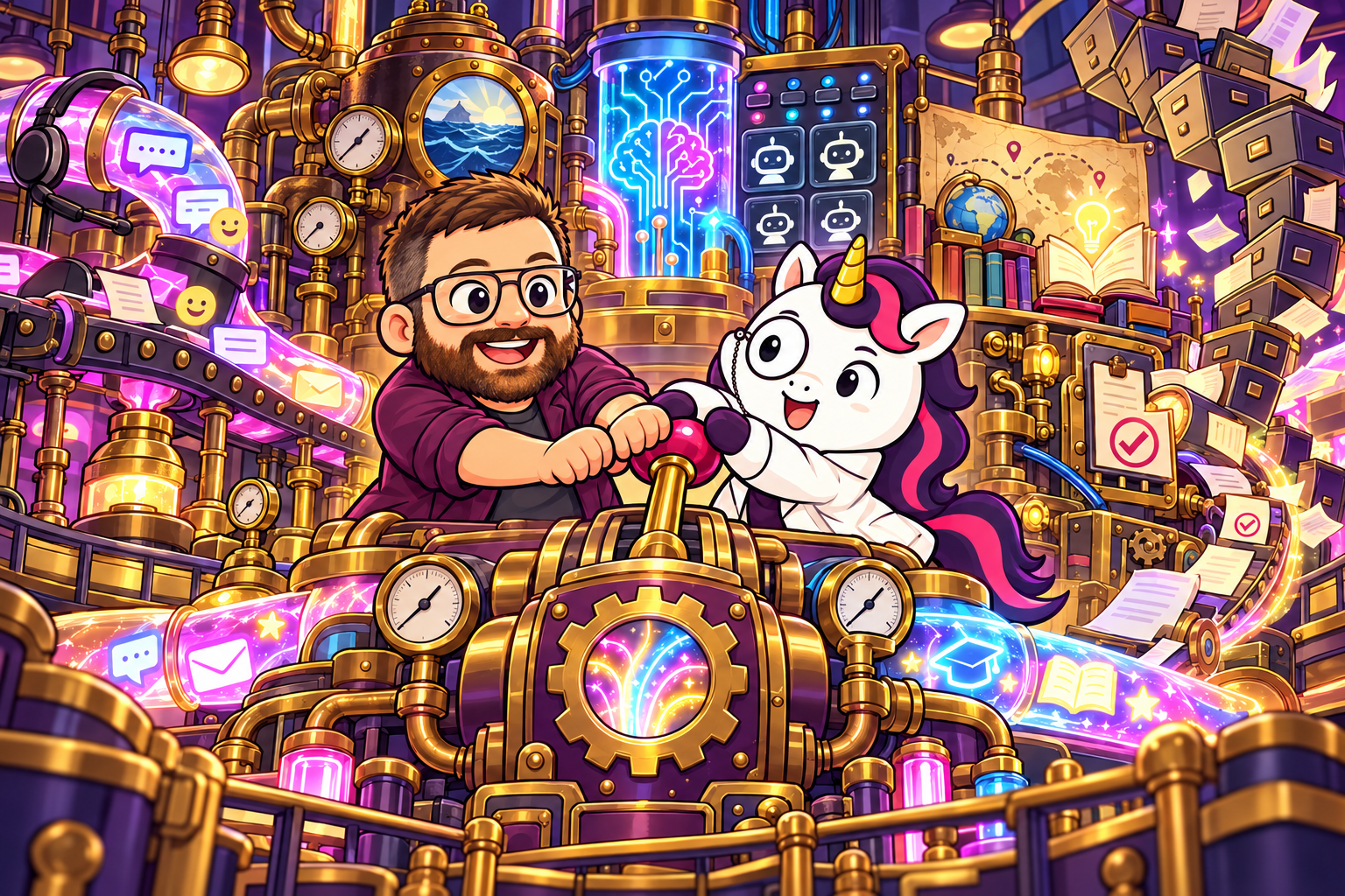 Chibi Bradley and Professor Unicorn operating an enormous warehouse machine filled with boilers, AI controls, teaching tools, and impossible filing cabinets