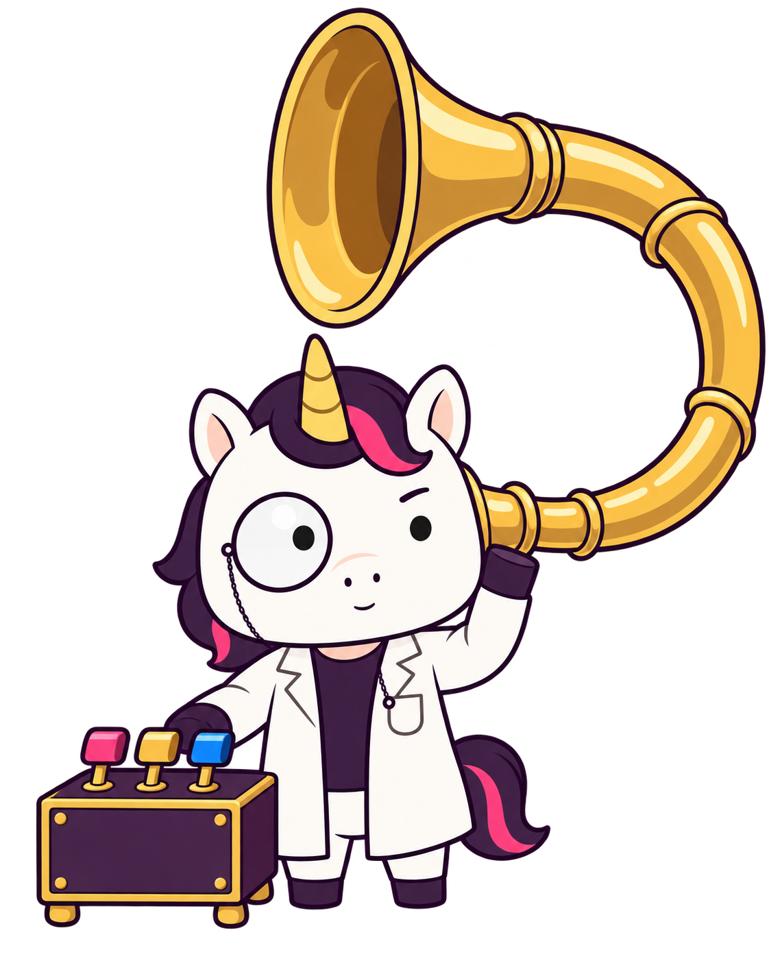 Professor Unicorn listens through an oversized brass speaking tube beside a message-routing console.