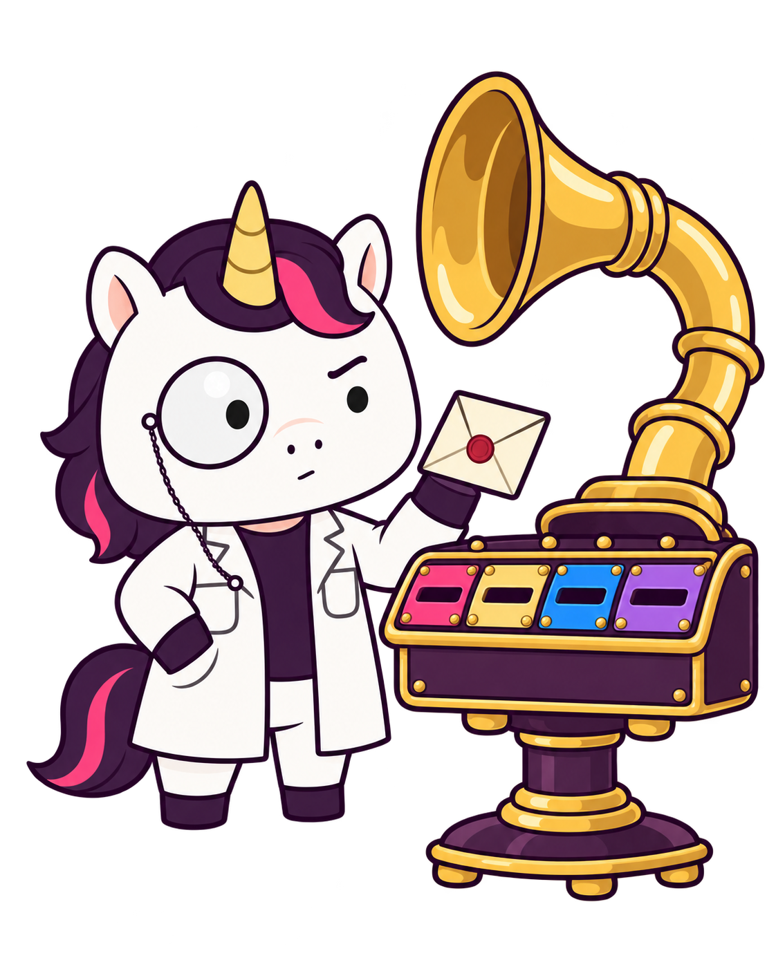 Professor Unicorn inspects an envelope beside a four-channel message-routing pedestal.