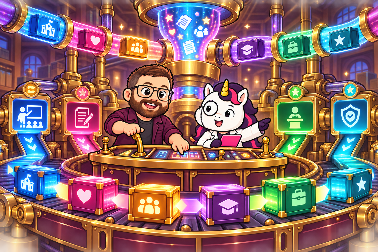Bradley and Professor Unicorn routing colorful organizational cargo through a fantastical warehouse console