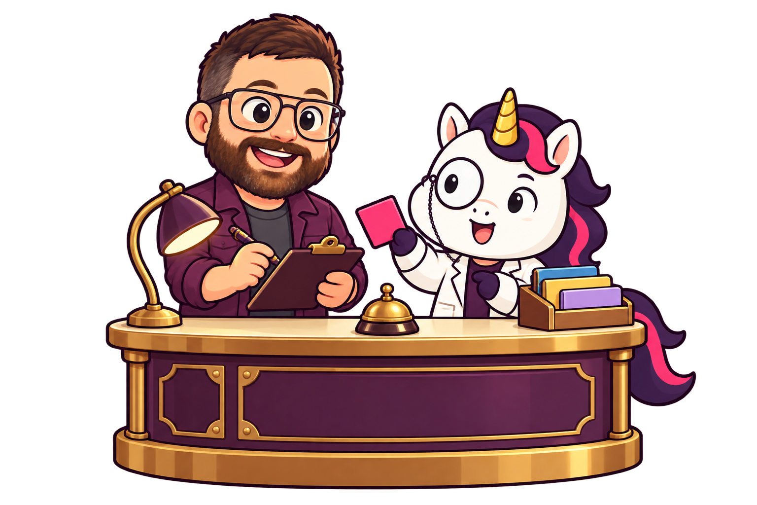 Chibi Bradley and Professor Unicorn working together at the Warehouse service counter
