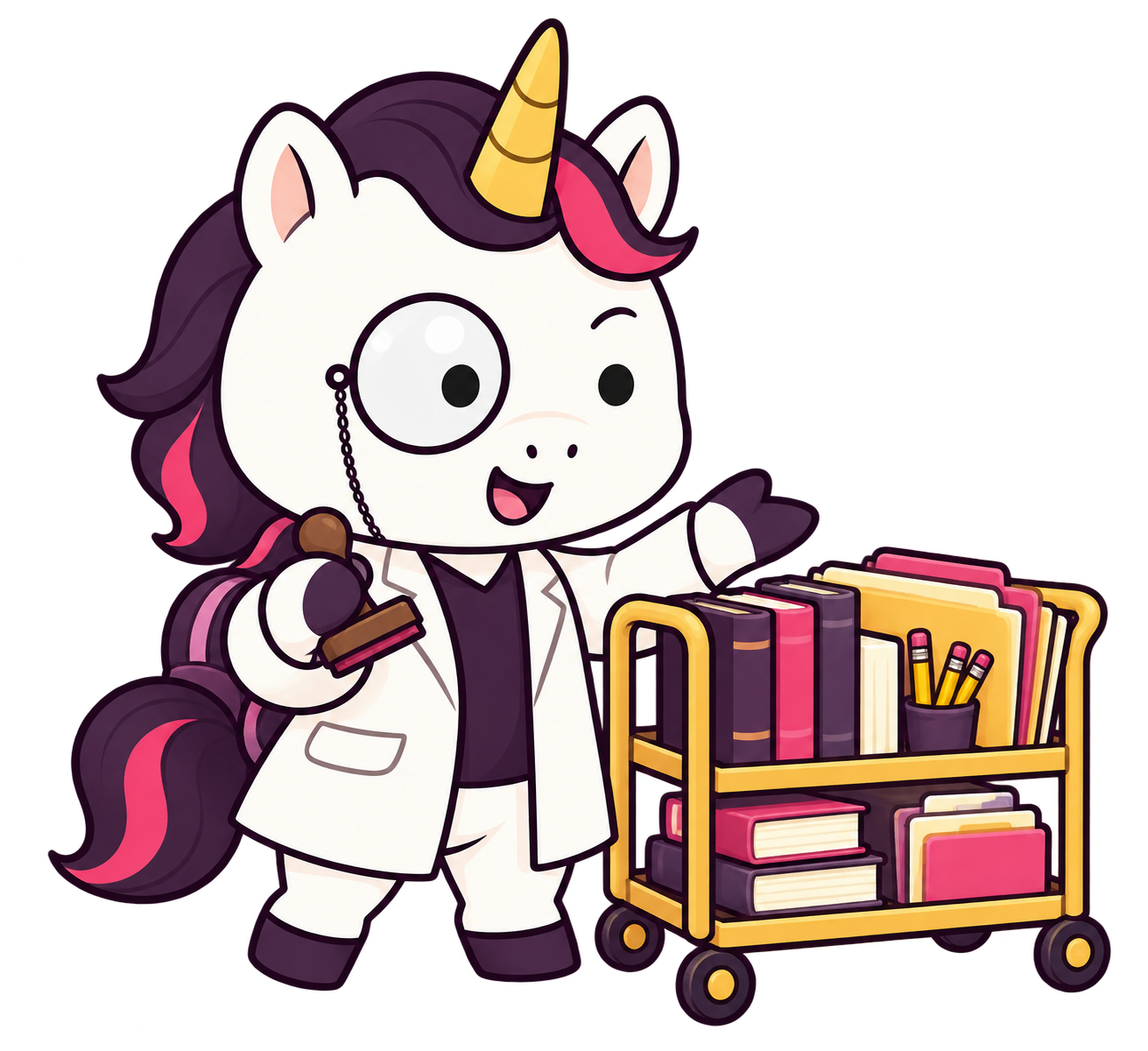 Professor Unicorn presenting a cart of learning materials