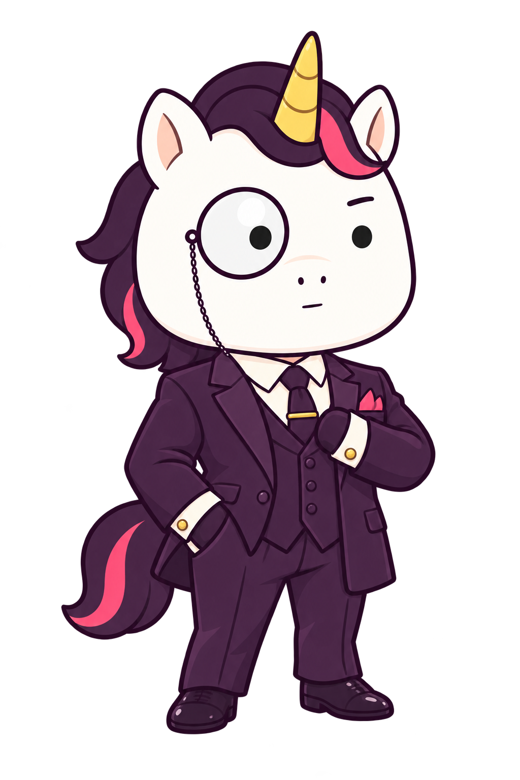 Professor Unicorn dressed formally at the licensing desk