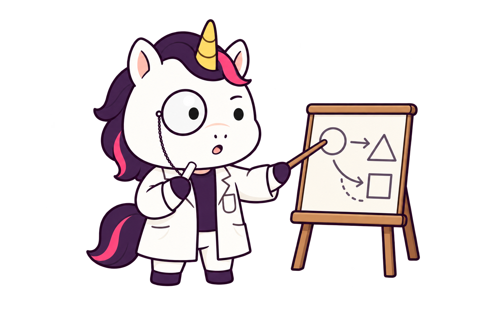 Professor Unicorn teaching beside a flip chart