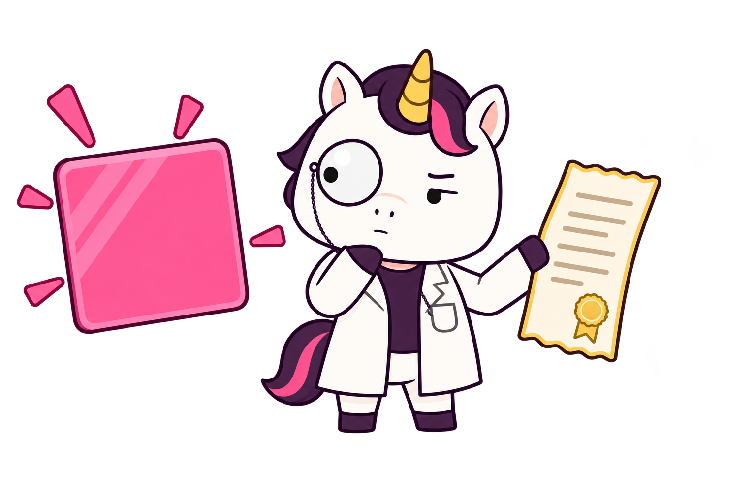 Professor Unicorn comparing a loud pink claim with a cream evidence receipt