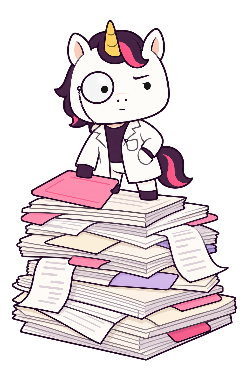 Professor Unicorn standing calmly on a towering pile of claims, sources, and evidence