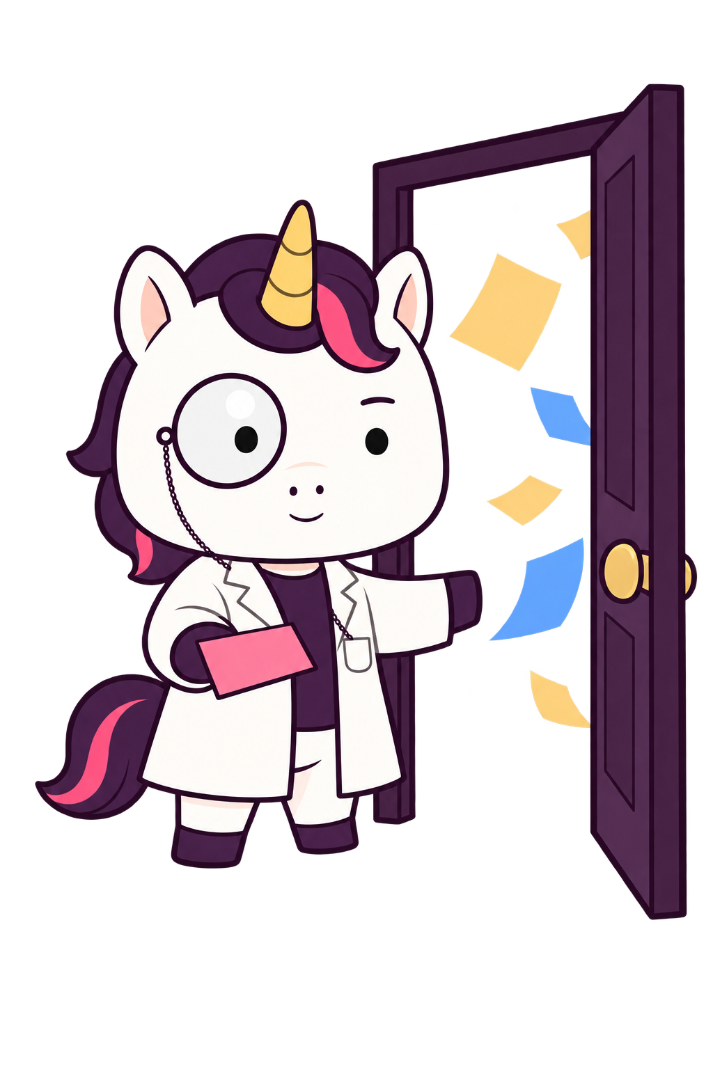 Professor Unicorn holding open the entrance to the learning exhibits
