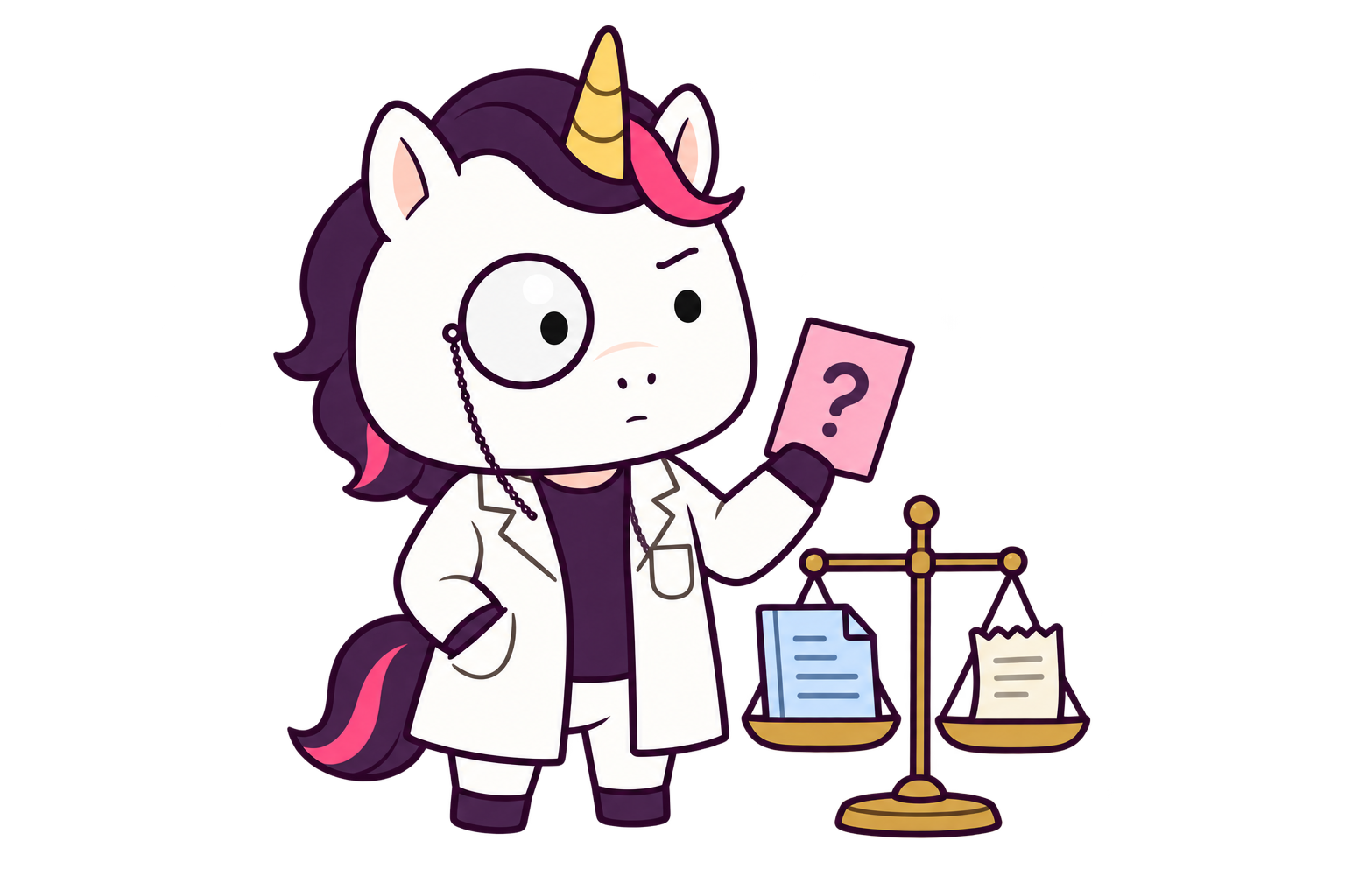 Professor Unicorn holding a question card