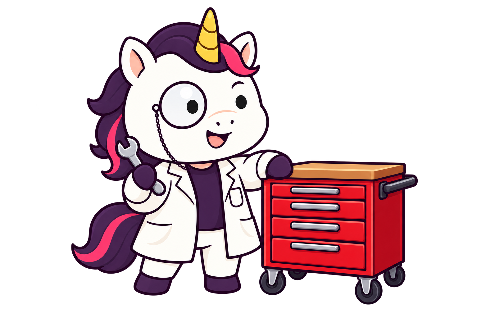 Professor Unicorn waiting beside the workshop cabinet