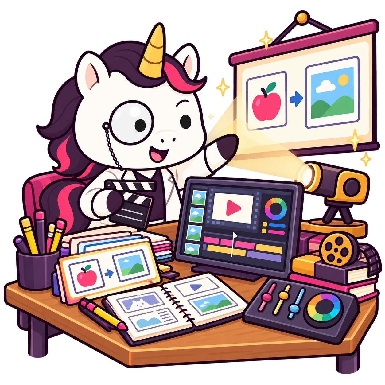 Professor Unicorn building a visual English lesson at a storyboard and video-editing bench