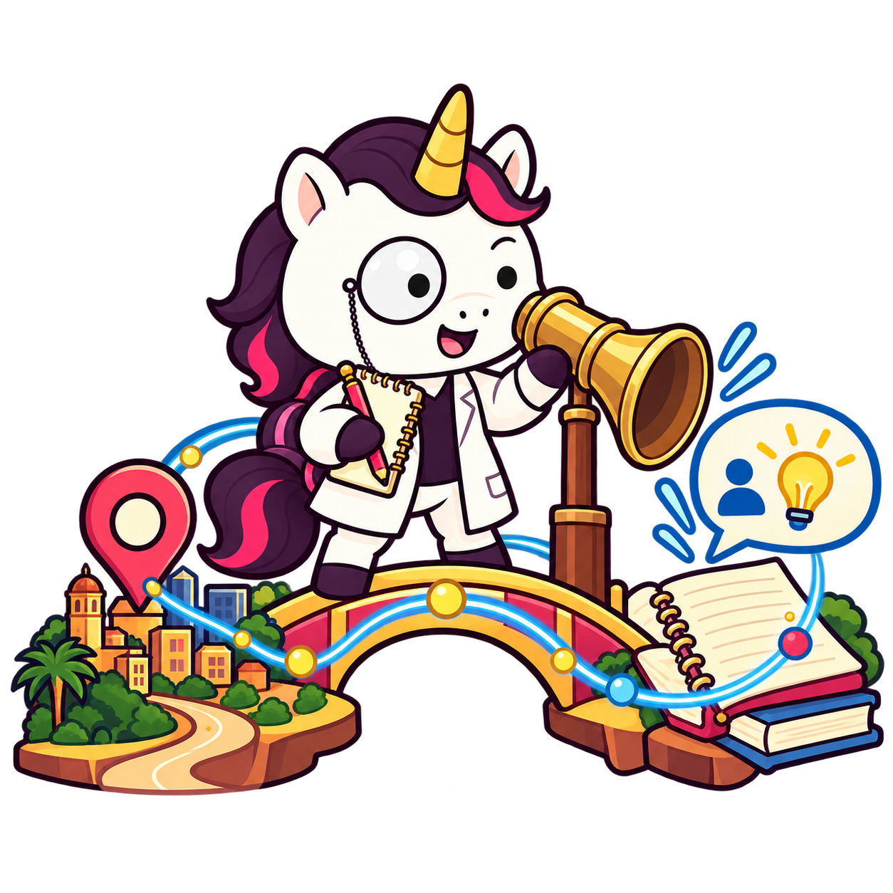 Professor Unicorn connecting a Kampala learning request to a lesson notebook through a brass speaking tube