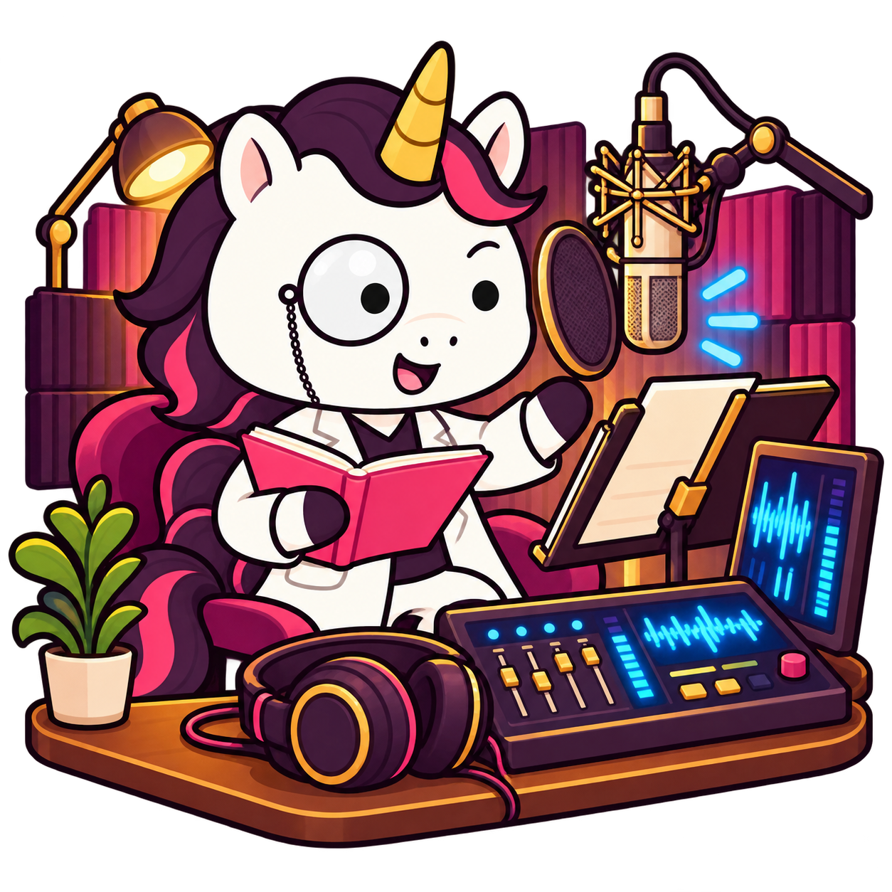 Professor Unicorn recording a lesson in a warm professional voice booth