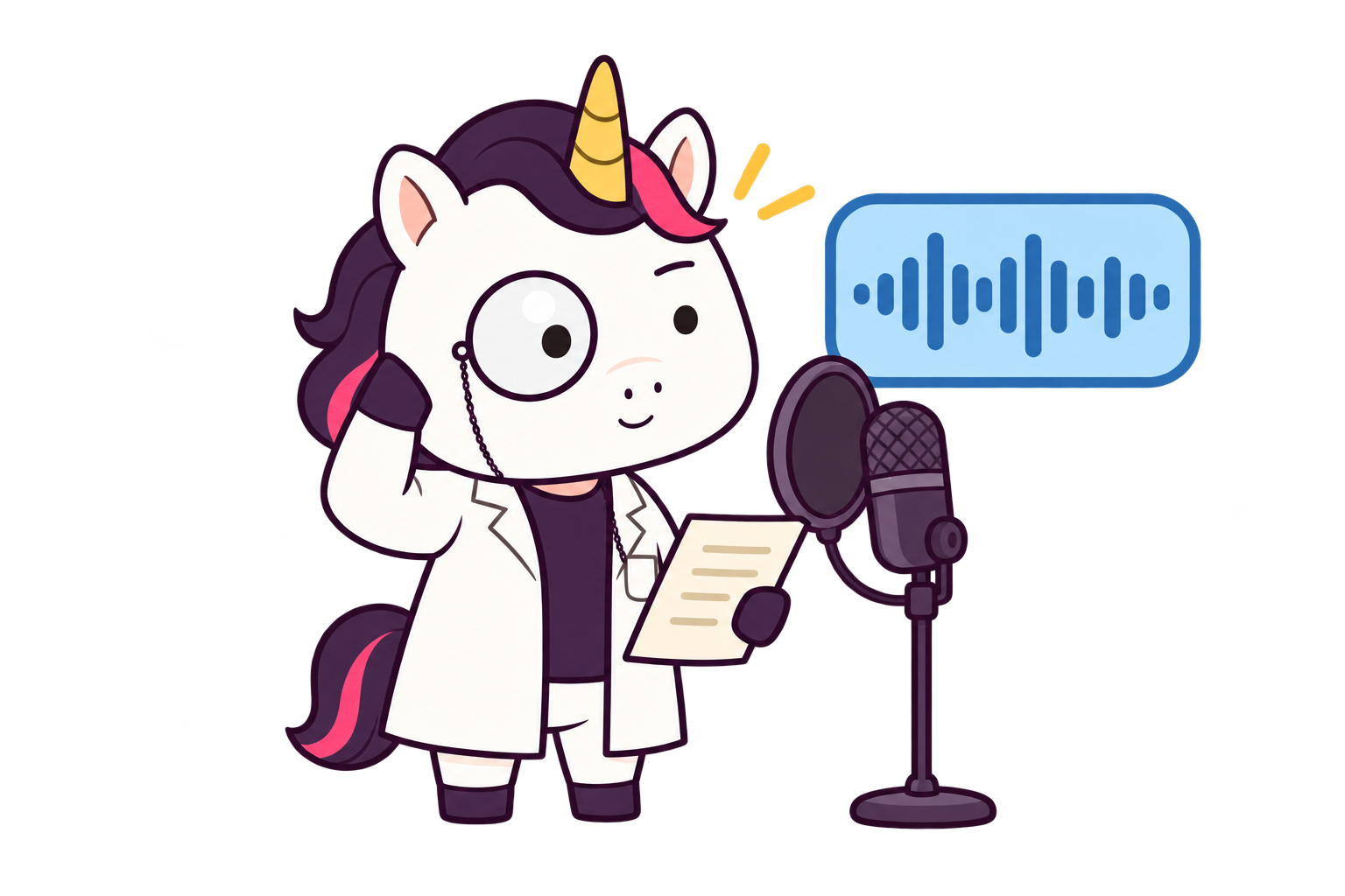 Professor Unicorn listening carefully to a voice recording beside a lesson script
