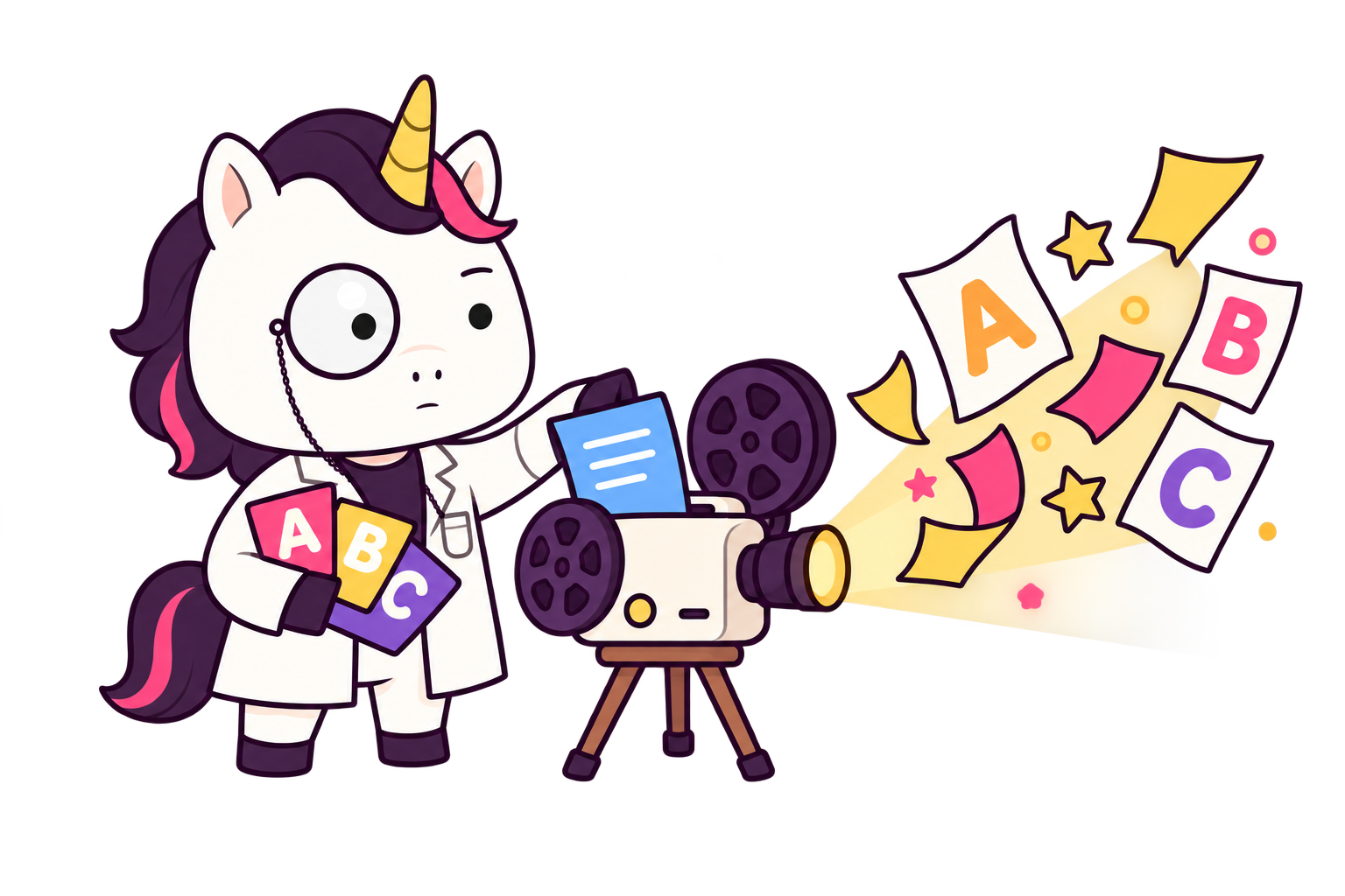 Professor Unicorn operating a tiny lesson projector