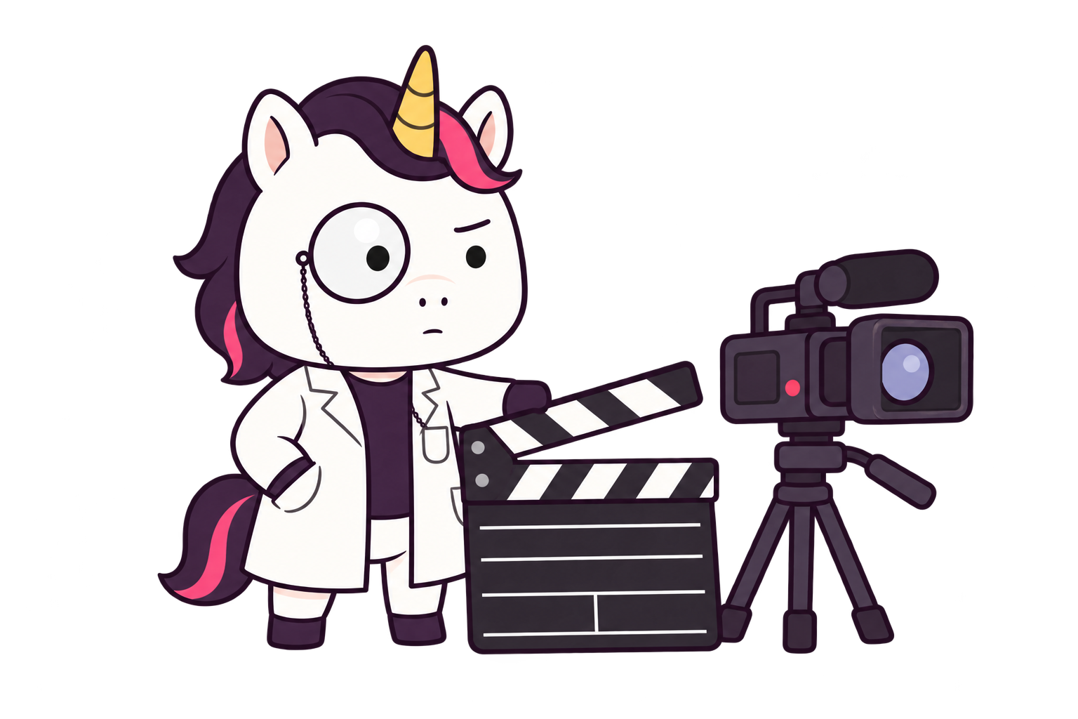 Professor Unicorn calmly directing the video project beside a clapperboard and camera