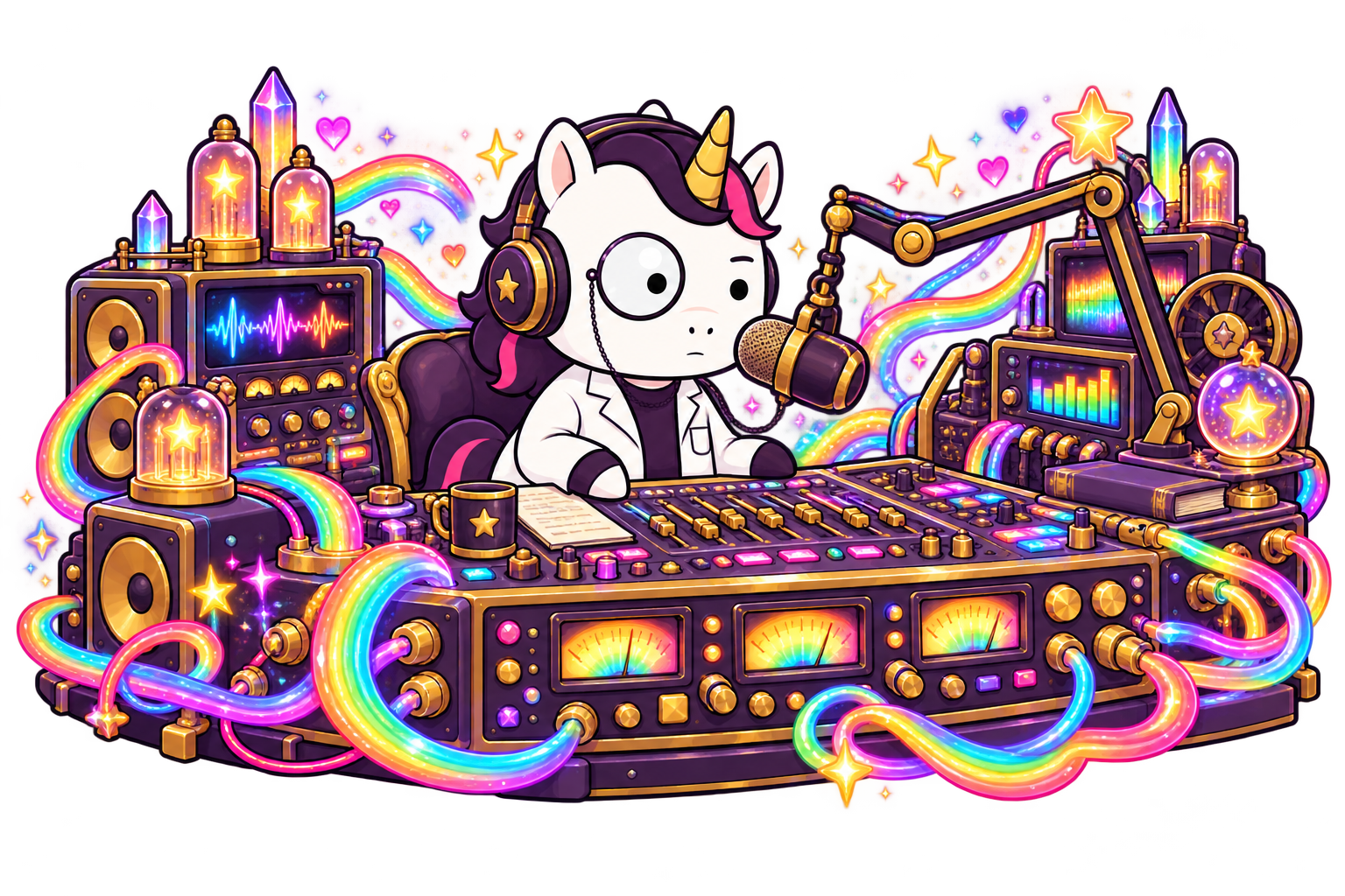 Professor Unicorn calmly operating an enormous rainbow-powered podcast broadcast console