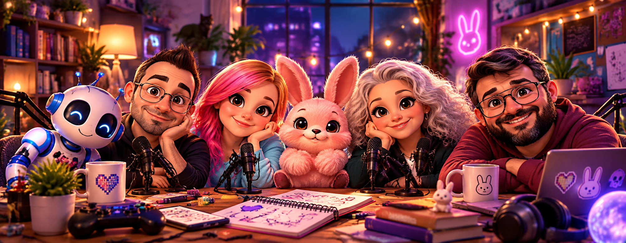 Illustrated Sanity Search Party recording room with four hosts, a friendly robot, and a pink bunny gathered around microphones