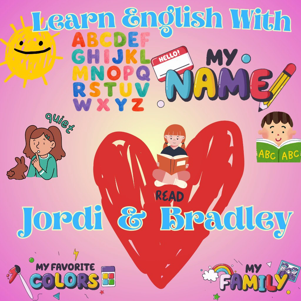 Colorful Learn English with Jordi and Bradley artwork featuring letters, reading, names, colors, and family